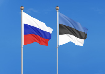 Fototapeta na wymiar Russia vs Estonia. Thick colored silky flags of Russia and Estonia. 3D illustration on sky background. – Illustration
