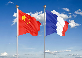 China vs France. Thick colored silky flags of European Union and Belgium. 3D illustration on sky background. – Illustration