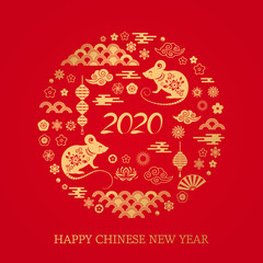 Happy Chinese New Year. The white rat is the symbol of 2020 Chinese year of the new year. Template banner, poster, greeting cards. Fan, rat, cloud, lantern, flowers.