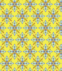 Seamless ornamental pattern. Abstract ornament is located in rows. Gray flowers on a yellow bright background.
