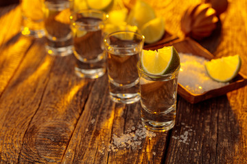 Tequila with  salt and lime on a old wooden background.
