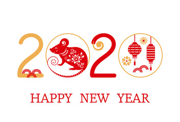 Postcard with the Chinese New Year 2020 rat on the astrological calendar. flat isolated vector