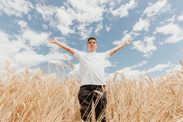 Naklejka na ściany i meble Happy, excited, teenage boy, with hands, rising up, on wheat field, at summer sunny day. Freedom and vacation concept.