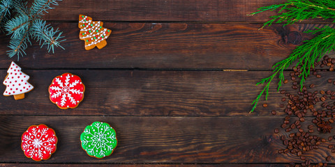 gingerbread, coffee and coffee beans (festive atmosphere christmas) happy new year. top food background. copy space