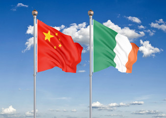 China vs Ireland. Thick colored silky flags of European Union and Belgium. 3D illustration on sky background. – Illustration