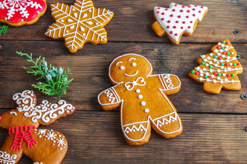 gingerbread, coffee and coffee beans (festive atmosphere christmas) happy new year. top food background. copy space
