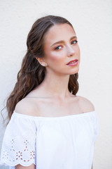 Portrait close up of young beautiful brunette woman