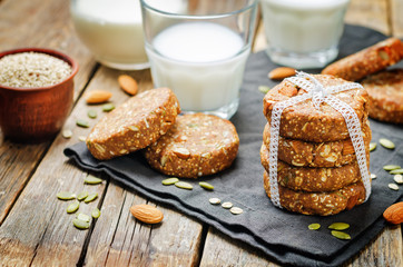 Fototapeta na wymiar Quinoa dates oats pumpkin seeds; almond Breakfast cookies