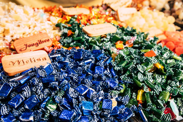 Colorful sugar sweets and candies on market