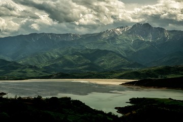 Lake on the background of mountains. Artsvanik Reservoir. Armenia.