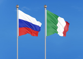 Russia vs Italy. Thick colored silky flags of Russia and Italy. 3D illustration on sky background. – Illustration