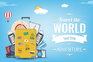 Travel composition with travel equipment. Travel and Tourism concept. Vector