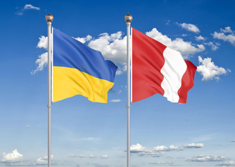 Ukraine vs Peru. Thick colored silky flags of Ukraine and Peru. 3D illustration on sky background. – Illustration