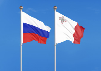 Russia vs Malta. Thick colored silky flags of Russia and Malta. 3D illustration on sky background. – Illustration
