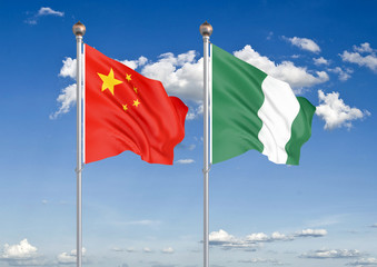 China vs Nigeria. Thick colored silky flags of European Union and Uruguay. 3D illustration on sky...