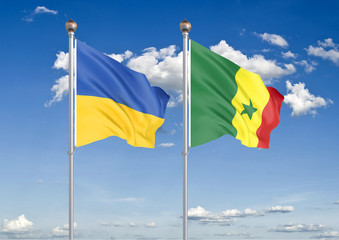 Ukraine vs Senegal. Thick colored silky flags of Ukraine and Senegal. 3D illustration on sky background. – Illustration
