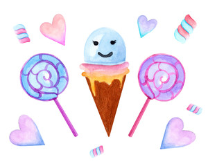 candies. ice cream. marshmallows. hearts. watercolor