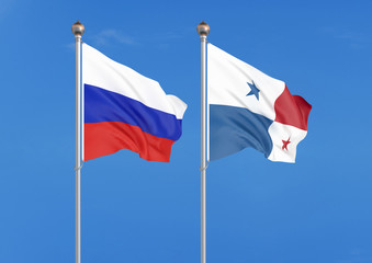 Russia vs Panama. Thick colored silky flags of Russia and Panama. 3D illustration on sky background. – Illustration