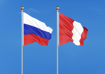 Russia vs Peru. Thick colored silky flags of Russia and Peru. 3D illustration on sky background. – Illustration