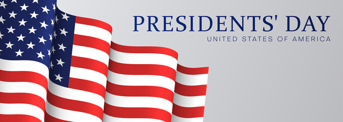 Presidents Day in USA. White banner with American flag.