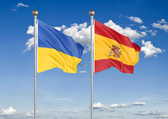 Ukraine vs Spain. Thick colored silky flags of Ukraine and Spain. 3D illustration on sky background. – Illustration