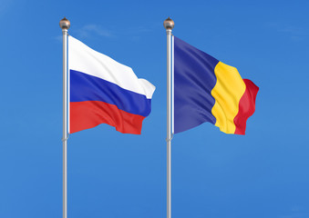 Russia vs Romania. Thick colored silky flags of Russia and Romania. 3D illustration on sky background. – Illustration