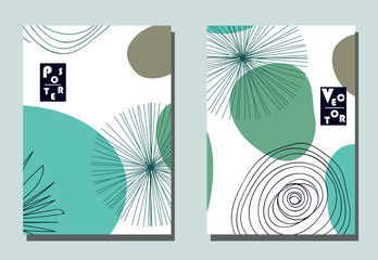 Cover with graphic elements - abstract shapes: circles and lines. Two modern vector flyers in avant-garde  style. Geometric wallpaper for business brochure, cover design.
