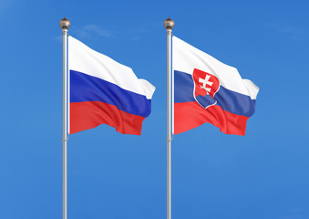 Russia vs Slovakia. Thick colored silky flags of Russia and Slovakia. 3D illustration on sky background. – Illustration