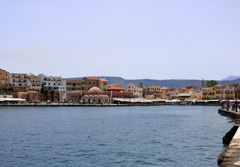 Fototapeta na wymiar famouse venetian harbour waterfront of Chania old town, Crete, Greece