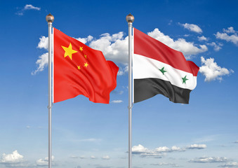 China vs Syria. Thick colored silky flags of European Union and Belgium. 3D illustration on sky background. – Illustration