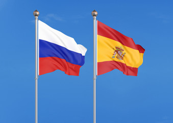 Russia vs Spain. Thick colored silky flags of Russia and Spain. 3D illustration on sky background. – Illustration