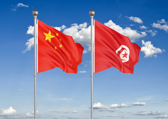 China vs Tunisia. Thick colored silky flags of European Union and Uruguay. 3D illustration on sky background. – Illustration