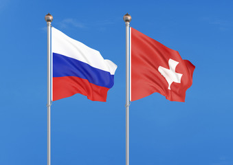 Russia vs Switzerland. Thick colored silky flags of Russia and Switzerland. 3D illustration on sky background. – Illustration