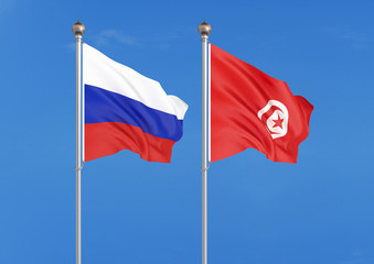 Russia vs Tunisia. Thick colored silky flags of Russia and Tunisia. 3D illustration on sky background. – Illustration