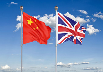 China vs United Kingdom. Thick colored silky flags of European Union and Belgium. 3D illustration on sky background. – Illustration