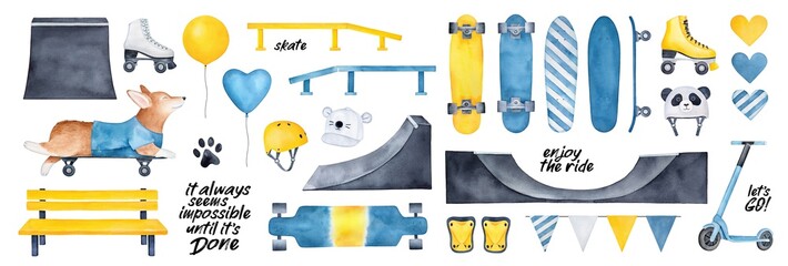 Skate Park Pack with various gear and skateboarding elements, motivational quotes, party balloons, hearts, urban bench, cap, rollerskates. Blue, yellow, black color clipart. Hand drawn watercolour. © Julija