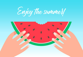 Enjoy the summer cartoon flat vector illustration. Bitten off watermelon slice hold in hands.