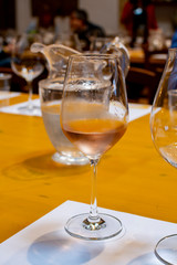 Professional wine tasting, sommelier course, cold rose dry wine in wine glass