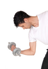 Young man exercising with two dumbbells