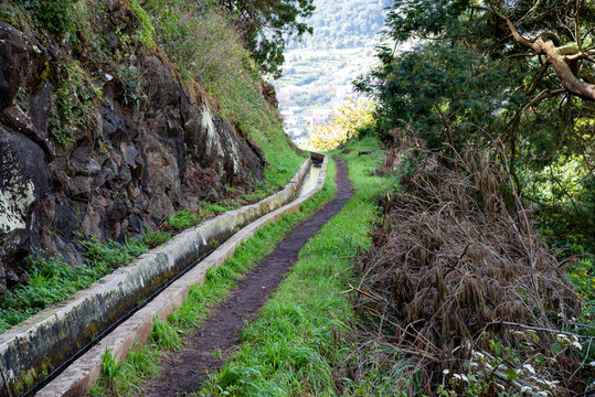 Levada dos Marocos also known as the Mimosa valley near Machico on the Island of Madeira. Leavdas are irrigation channels specific to the island.