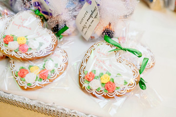 Wedding decoration with wedding sweet treat and flowers