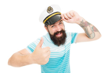 Brutal seaman isolated on white. Captain concept. Welcome aboard. Bearded man captain of ship. Sea...