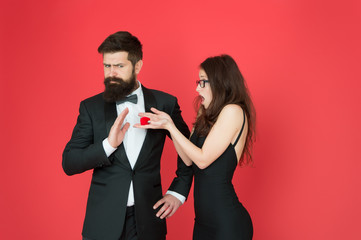 Engagement concept. Rejected offer. Couple in love celebrate anniversary. Romantic gift box jewelry engagement. Marriage proposal. Handsome man and elegant woman in love. Romantic engagement