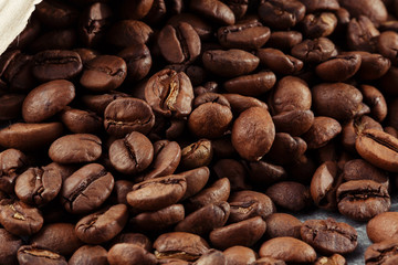 Isolated coffee bean. closeup photo. Top view. Roasted coffee beans background