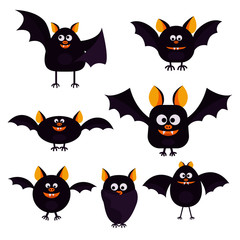 Set of cartoon Halloween black bats in different pose and shapes. Design for Halloween party decoration. Vector illustration in flat style. Illustration isolated on white background.