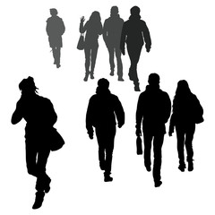 Vector silhouettes of passers-by, people go towards each other, walking, men and women return from work. Hasty and leisurely gait. Talking on the phone on the road.