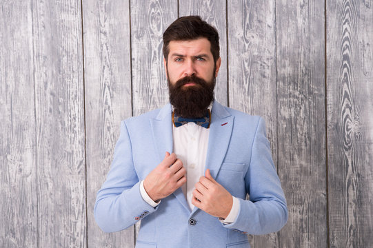 Gentleman style barber. Barber shop offer range of packages for groom. Barber shop concept. Beard and mustache. Guy well groomed handsome bearded hipster wear tuxedo. Romantic wedding outfit