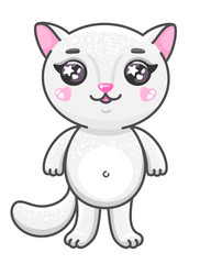 Cute kitty cartoon vector illustration. Smiling baby animal kitty in kawaii style isolated on white background.