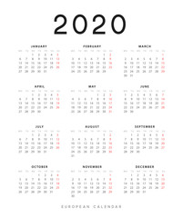 Calendar for 2020 year. Week starts on Monday. planner for 12 months. Vector calender in European