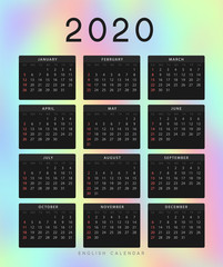 Calendar for 2020 year. Week starts on Sunday. planner for 12 months. Vector calender in English